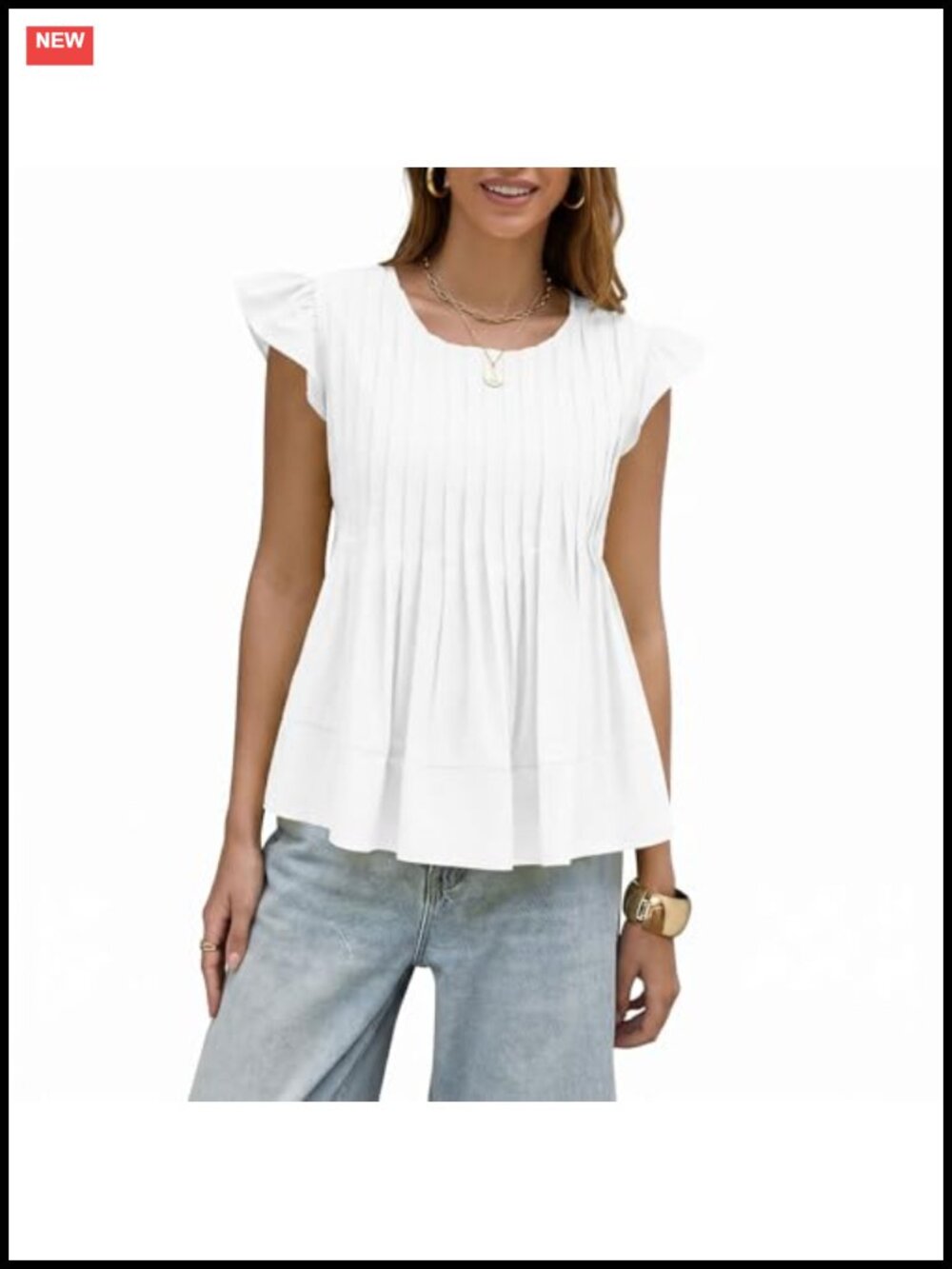 Women's Flutter Sleeve Babydoll Pleated Blouse Tunic Top Cotton